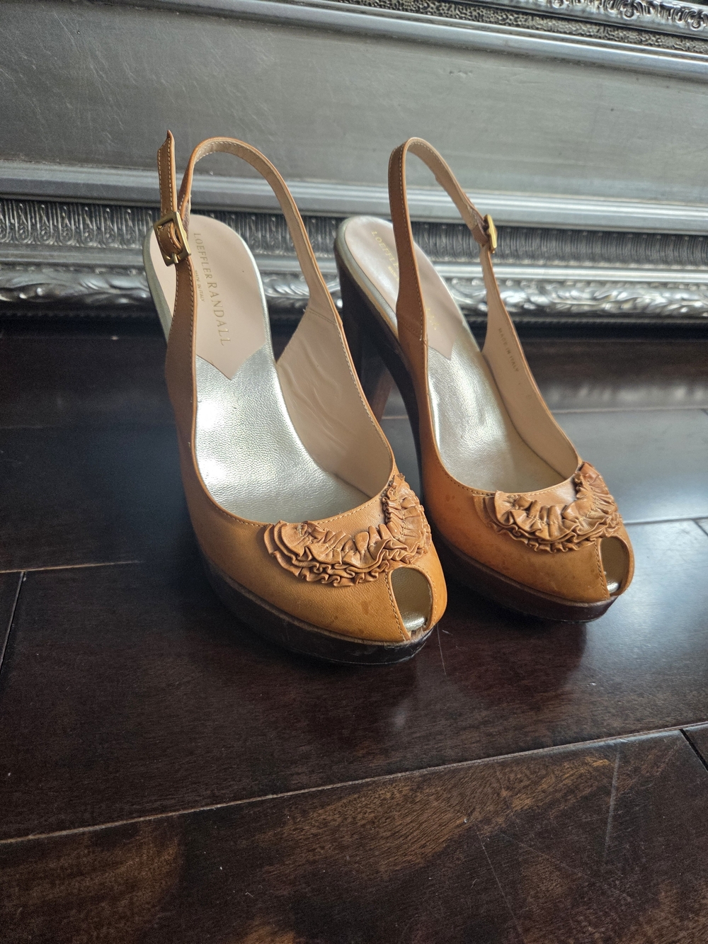 Loeffler Randall Tan Leather Ruffle Peep-Toe Slingback Heels 8